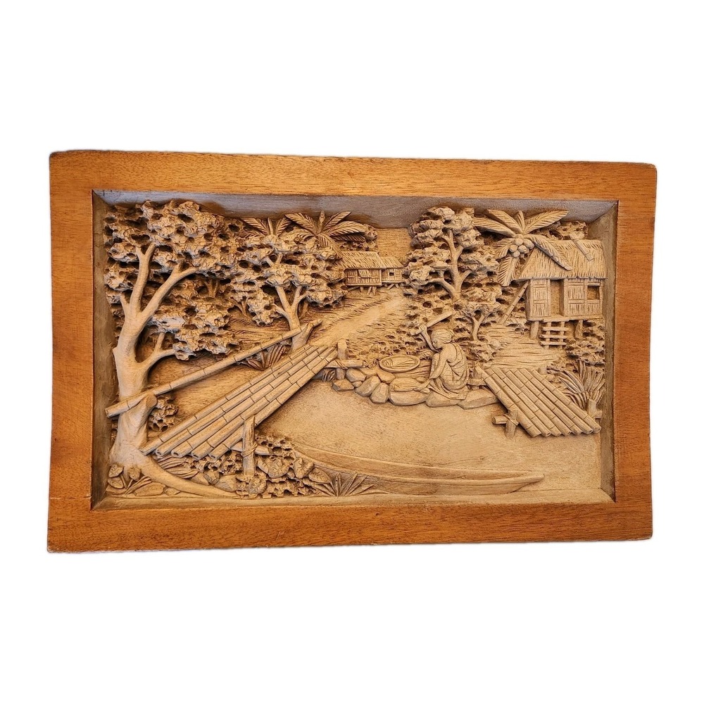 Southeast Asian Hand Carved Wood High Relief Pastoral Rustic Village Hut Scene